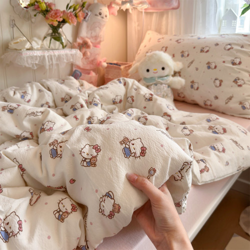 ins卡通可愛凱蒂貓水洗棉床單四件套全棉被套純棉學生宿捨三件套