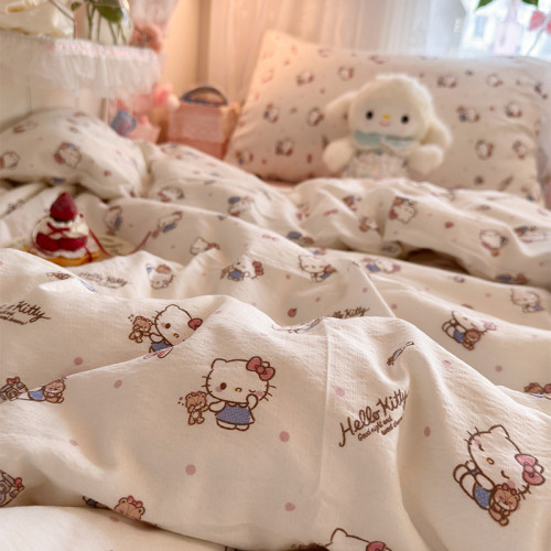 ins卡通可愛凱蒂貓水洗棉床單四件套全棉被套純棉學生宿捨三件套