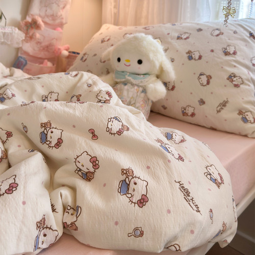 ins卡通可愛凱蒂貓水洗棉床單四件套全棉被套純棉學生宿捨三件套