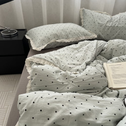 少女ins小清新波點藍水洗棉床單四件套花邊全棉被套純棉三件套1.5