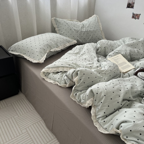 少女ins小清新波點藍水洗棉床單四件套花邊全棉被套純棉三件套1.5