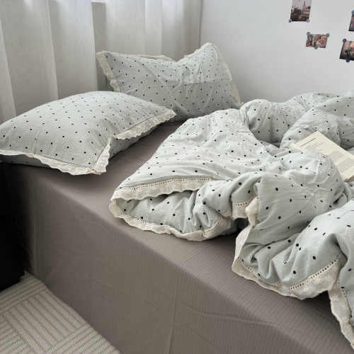 少女ins小清新波點藍水洗棉床單四件套花邊全棉被套純棉三件套1.5