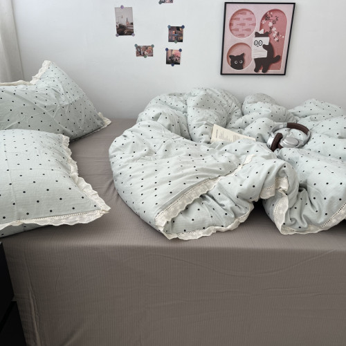 少女ins小清新波點藍水洗棉床單四件套花邊全棉被套純棉三件套1.5