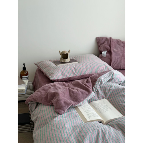 復古room｜ins博主簡約藍咖色條紋棉加絨四件套1.8牛奶絨床單床包