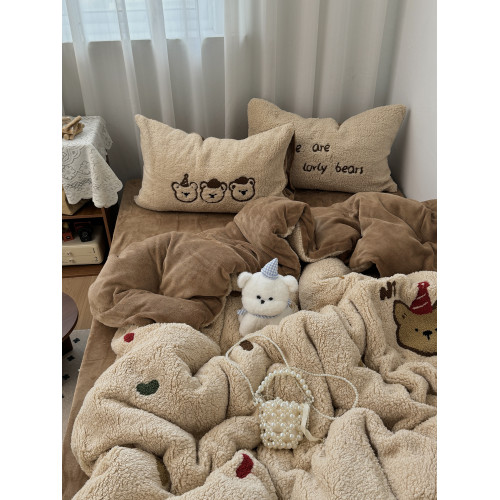 復古少女小熊毛巾綉秋冬加厚羊羔絨保暖牛奶絨四件套珊瑚絨三件套