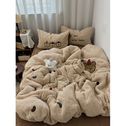 復古少女小熊毛巾綉秋冬加厚羊羔絨保暖牛奶絨四件套珊瑚絨三件套