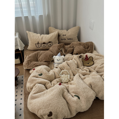 復古少女小熊毛巾綉秋冬加厚羊羔絨保暖牛奶絨四件套珊瑚絨三件套