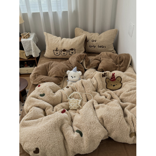 復古少女小熊毛巾綉秋冬加厚羊羔絨保暖牛奶絨四件套珊瑚絨三件套