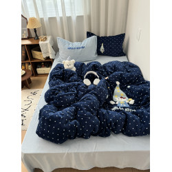 ins可愛波點星星貓冬季保暖牛奶絨毛巾綉四件套舒適珊瑚絨三件套