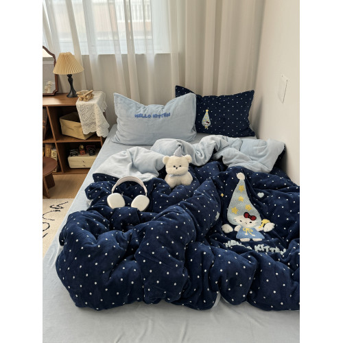 ins可愛波點星星貓冬季保暖牛奶絨毛巾綉四件套舒適珊瑚絨三件套