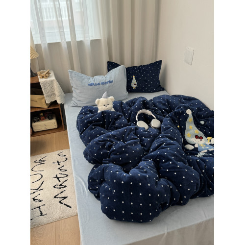 ins可愛波點星星貓冬季保暖牛奶絨毛巾綉四件套舒適珊瑚絨三件套