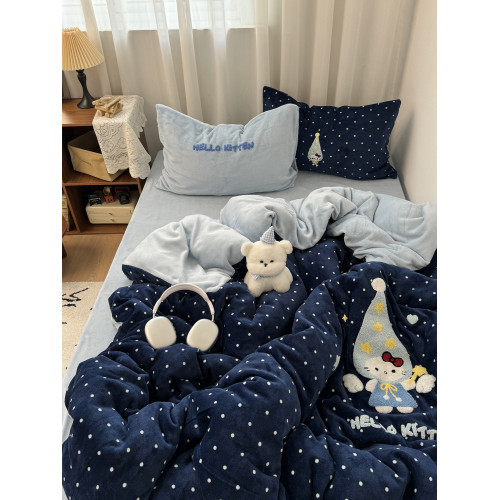 ins可愛波點星星貓冬季保暖牛奶絨毛巾綉四件套舒適珊瑚絨三件套