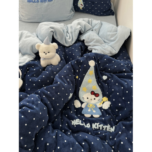 ins可愛波點星星貓冬季保暖牛奶絨毛巾綉四件套舒適珊瑚絨三件套