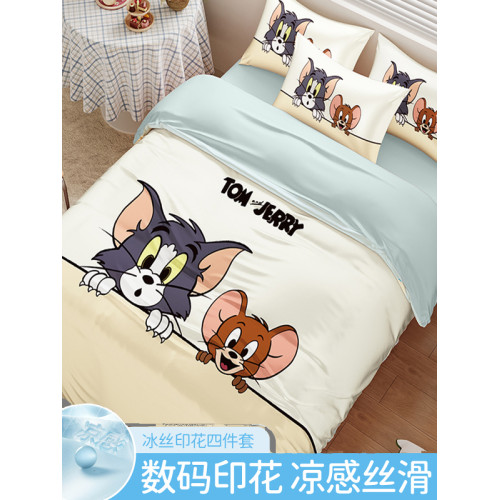 夏季冰絲四件套貓和老鼠卡通款涼感絲滑透氣學生宿捨機洗不變形 夏季冰絲四件套貓和老鼠卡通款涼感絲滑透氣學生宿捨機洗不變形