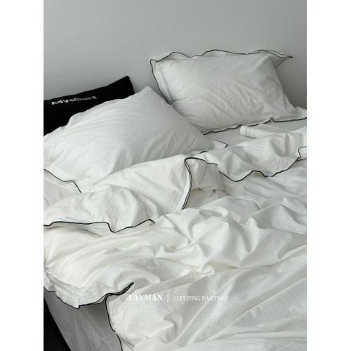 Layman外行 【白梨水】黑邊密拷白色全棉水洗棉四件套酒店民宿風