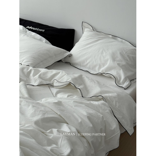 Layman外行 【白梨水】黑邊密拷白色全棉水洗棉四件套酒店民宿風