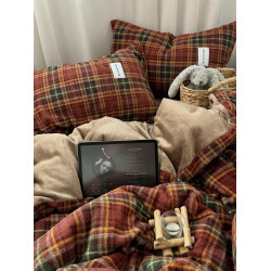 ins博主風復古紅格 秋冬仿羊絨牛奶絨四件套保暖舒適珊瑚絨三件套