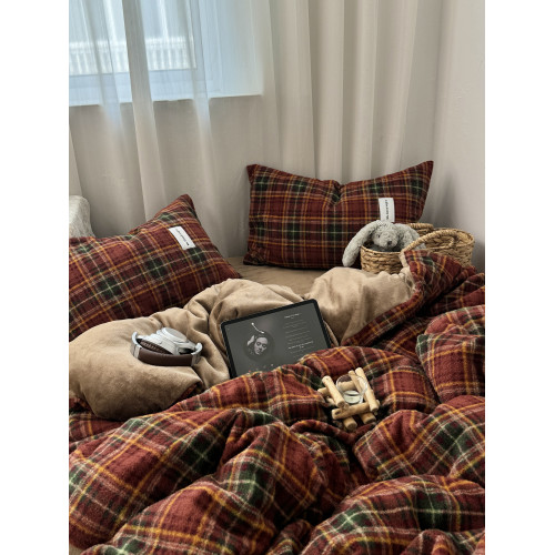 ins博主風復古紅格 秋冬仿羊絨牛奶絨四件套保暖舒適珊瑚絨三件套