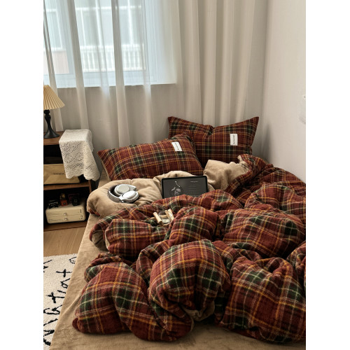 ins博主風復古紅格 秋冬仿羊絨牛奶絨四件套保暖舒適珊瑚絨三件套