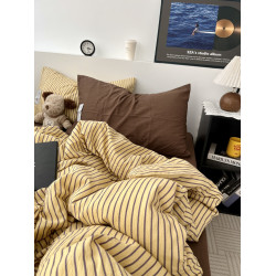 中古風簡約條紋咖混搭水洗棉四件套純棉被套全棉床單學生三件套