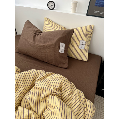 中古風簡約條紋咖混搭水洗棉四件套純棉被套全棉床單學生三件套