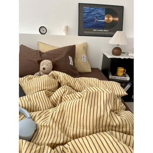 中古風簡約條紋咖混搭水洗棉四件套純棉被套全棉床單學生三件套
