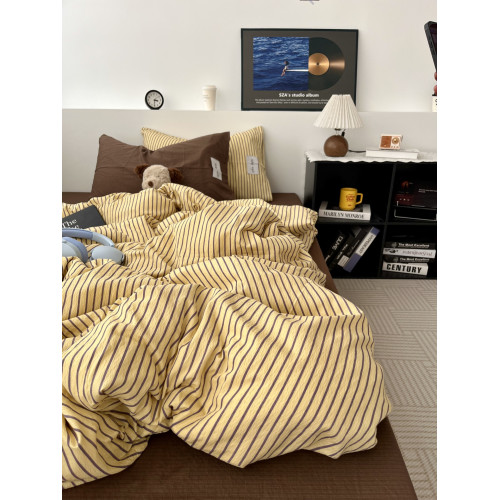 中古風簡約條紋咖混搭水洗棉四件套純棉被套全棉床單學生三件套