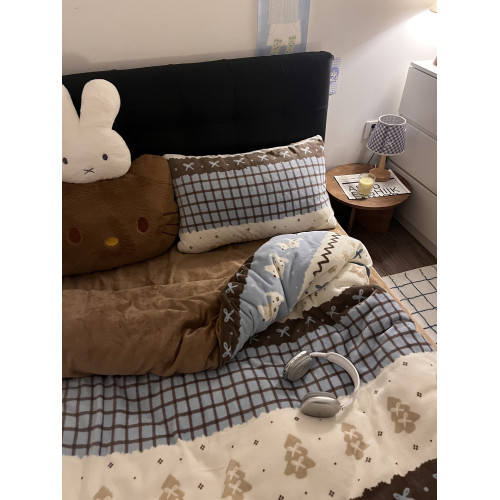 晚安貓費爾島修狗四件套咖色美拉德風牛奶絨床單被套宿捨三件套