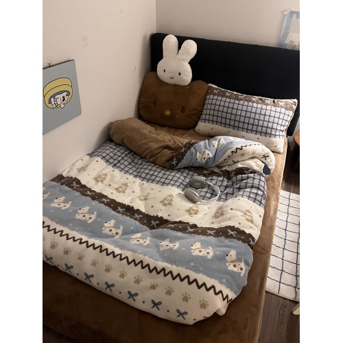 晚安貓費爾島修狗四件套咖色美拉德風牛奶絨床單被套宿捨三件套