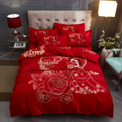 高檔中式結婚床上四件套婚慶純棉全棉新婚大紅色床單被套婚嫁床品