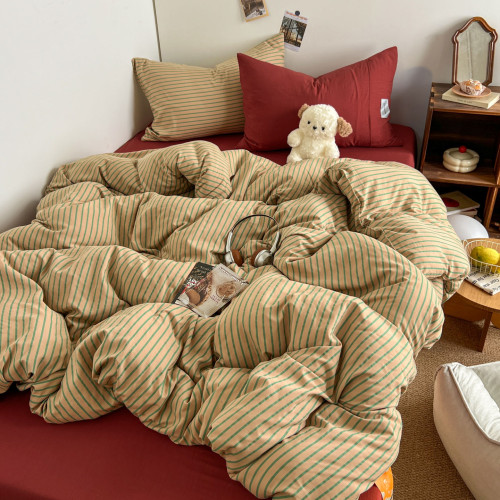 條紋水洗棉簡約四件套透氣親膚床品套件臥室居家柔軟肌理被套組合