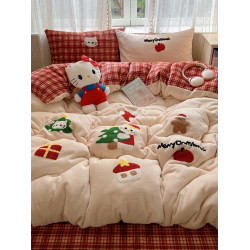 聖誕貓咪毛巾綉牛奶絨四件套秋冬保暖雙面絨珊瑚絨被套軟糯床單