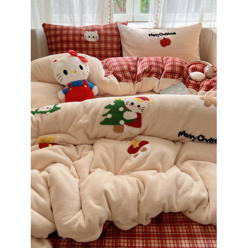 聖誕貓咪毛巾綉牛奶絨四件套秋冬保暖雙面絨珊瑚絨被套軟糯床單