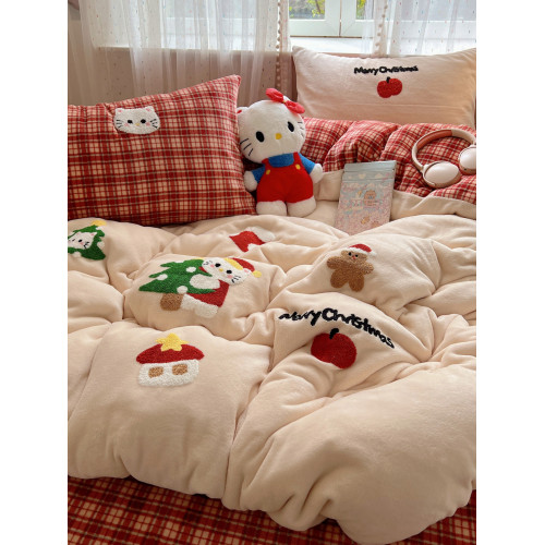 聖誕貓咪毛巾綉牛奶絨四件套秋冬保暖雙面絨珊瑚絨被套軟糯床單