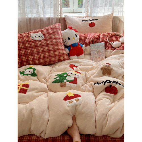聖誕貓咪毛巾綉牛奶絨四件套秋冬保暖雙面絨珊瑚絨被套軟糯床單