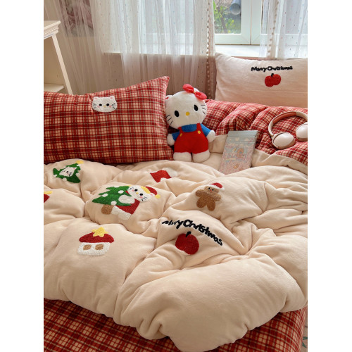聖誕貓咪毛巾綉牛奶絨四件套秋冬保暖雙面絨珊瑚絨被套軟糯床單