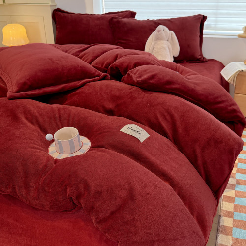 秋冬季牛奶絨被套單件雙面加絨加厚酒紅色珊瑚絨被罩床單四件套