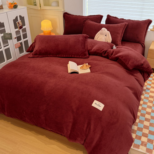 秋冬季牛奶絨被套單件雙面加絨加厚酒紅色珊瑚絨被罩床單四件套