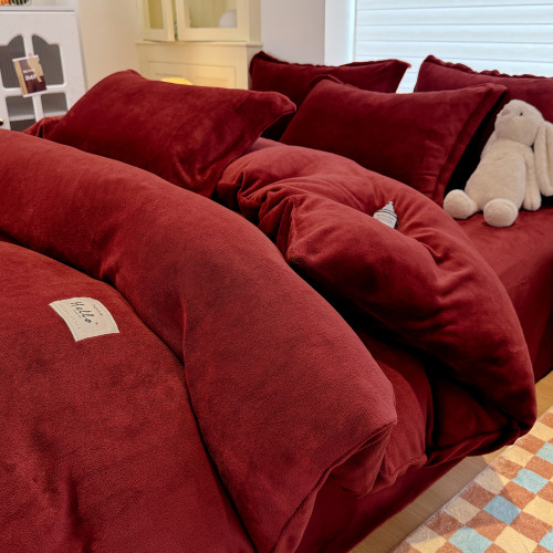 秋冬季牛奶絨被套單件雙面加絨加厚酒紅色珊瑚絨被罩床單四件套