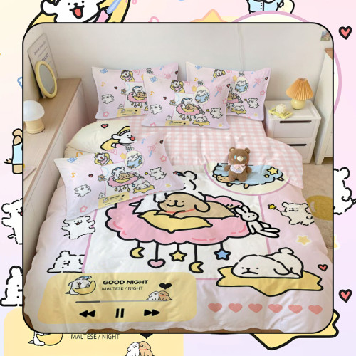 可愛線條小狗全棉四件套卡通純棉三件套女生寢室學生宿捨單被套