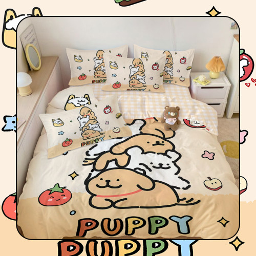 可愛線條小狗全棉四件套卡通純棉三件套女生寢室學生宿捨單被套