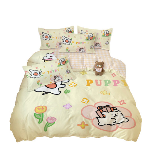 可愛線條小狗全棉四件套卡通純棉三件套女生寢室學生宿捨單被套