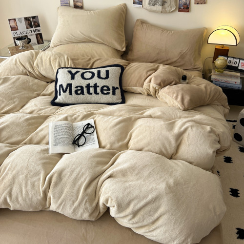 日式純色牛奶絨棉四件套珊瑚絨被套床單加厚保暖秋冬季床品三件套