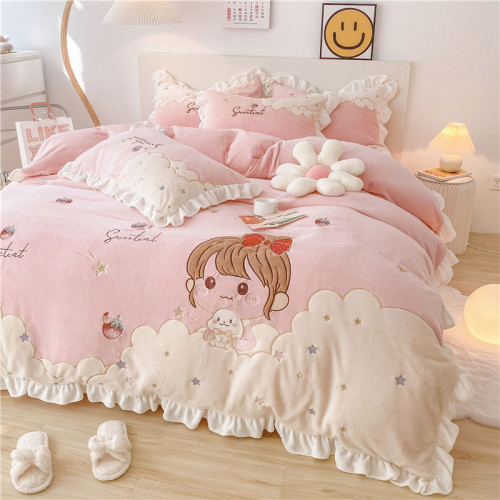 可愛超萌女孩牛奶絨四件套加厚保暖冬季寶寶絨卡通公主珊瑚絨床品