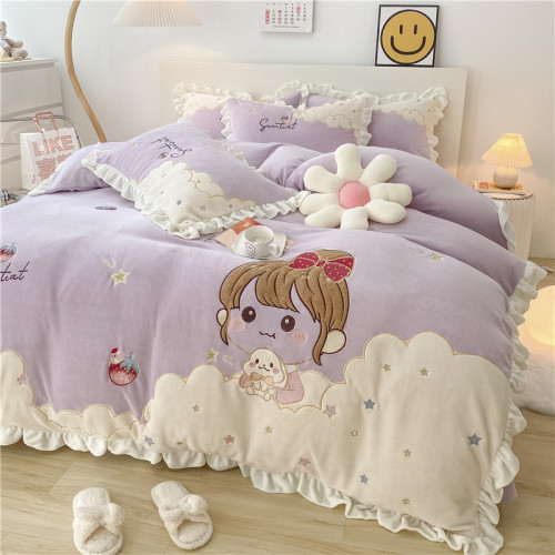 可愛超萌女孩牛奶絨四件套加厚保暖冬季寶寶絨卡通公主珊瑚絨床品