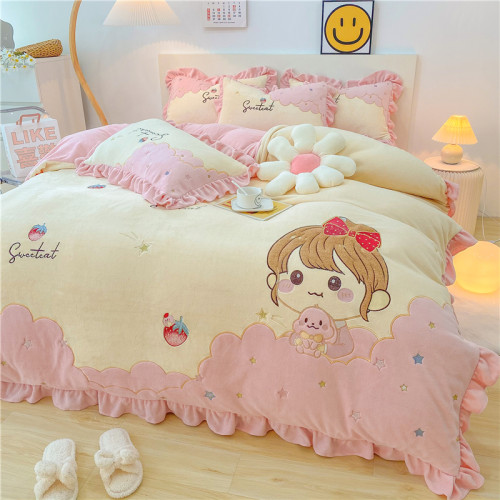 可愛超萌女孩牛奶絨四件套加厚保暖冬季寶寶絨卡通公主珊瑚絨床品