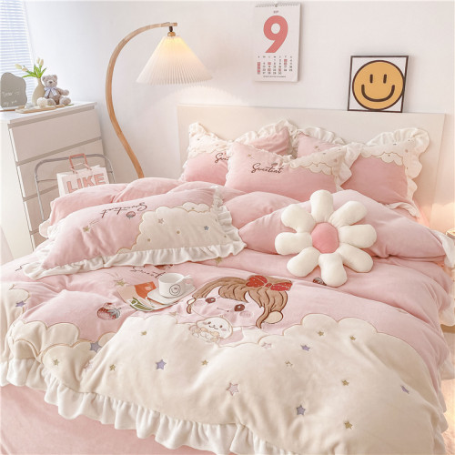 可愛超萌女孩牛奶絨四件套加厚保暖冬季寶寶絨卡通公主珊瑚絨床品
