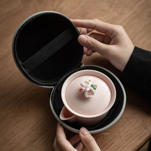 手工粉色捏花旅行快客杯可攜式收納包功夫茶具戶外女士陶瓷泡茶壺 手工粉色捏花旅行快客杯可攜式收納包功夫茶具戶外女士陶瓷泡茶壺