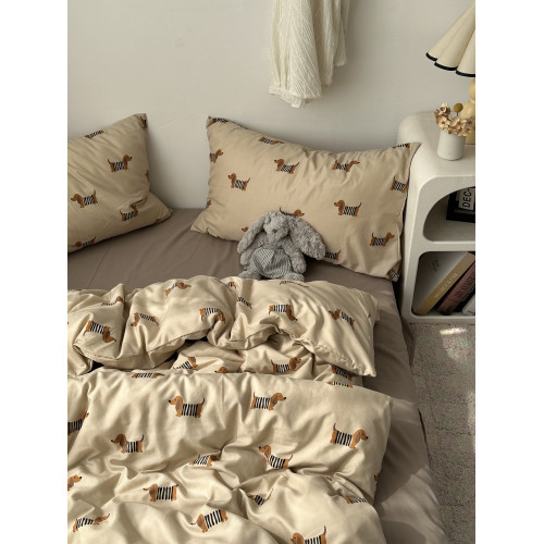 少女美拉德ins可愛卡通臘腸狗狗水洗棉四件套床單學生三件套床包