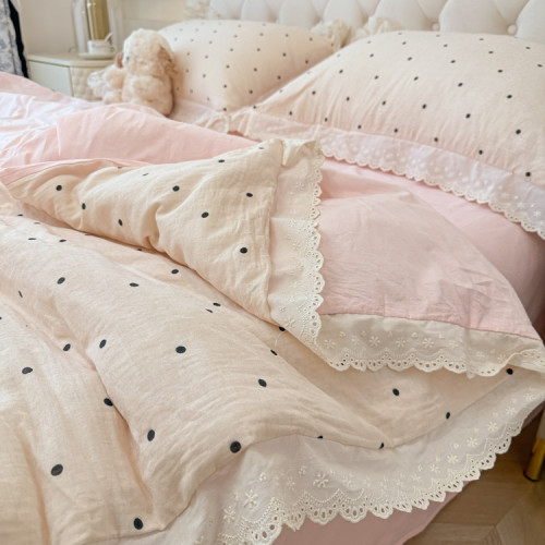 A類小清新床上用品四件套裸睡超柔水洗棉花邊被套床單宿捨三件套4